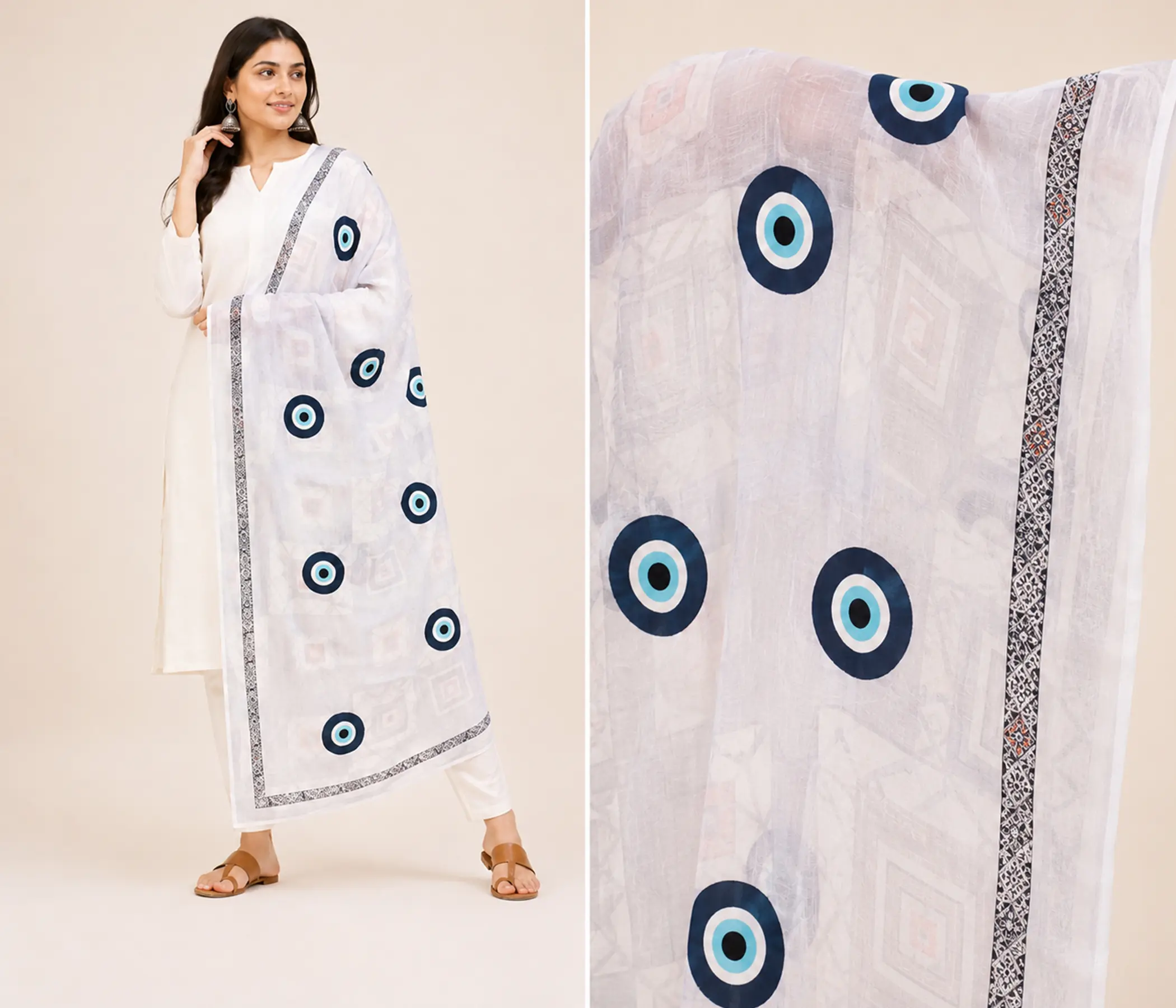 Hand-Painted White Cotton Dupatta with Evil Eye Charms